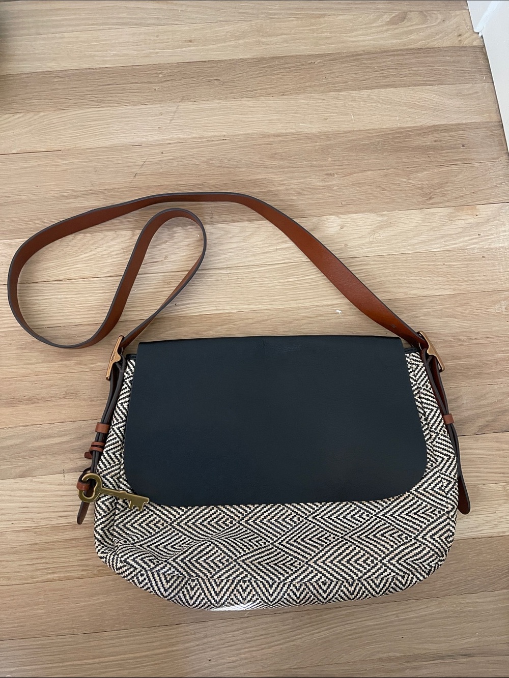 Fossil Black Flap Shoulder Bag with Brown Strap and Geometric Body
